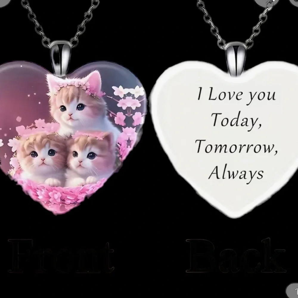 50% OFF Three Little Kittens Romping in Flowers Heart Shaped Pendant Necklace
